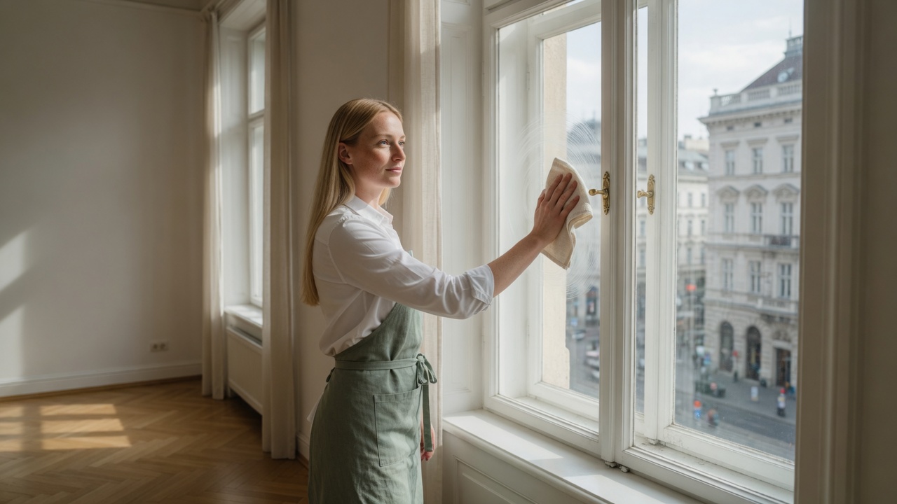 Hella Berger putzt ein hohes Fenster mit Blick auf Wien